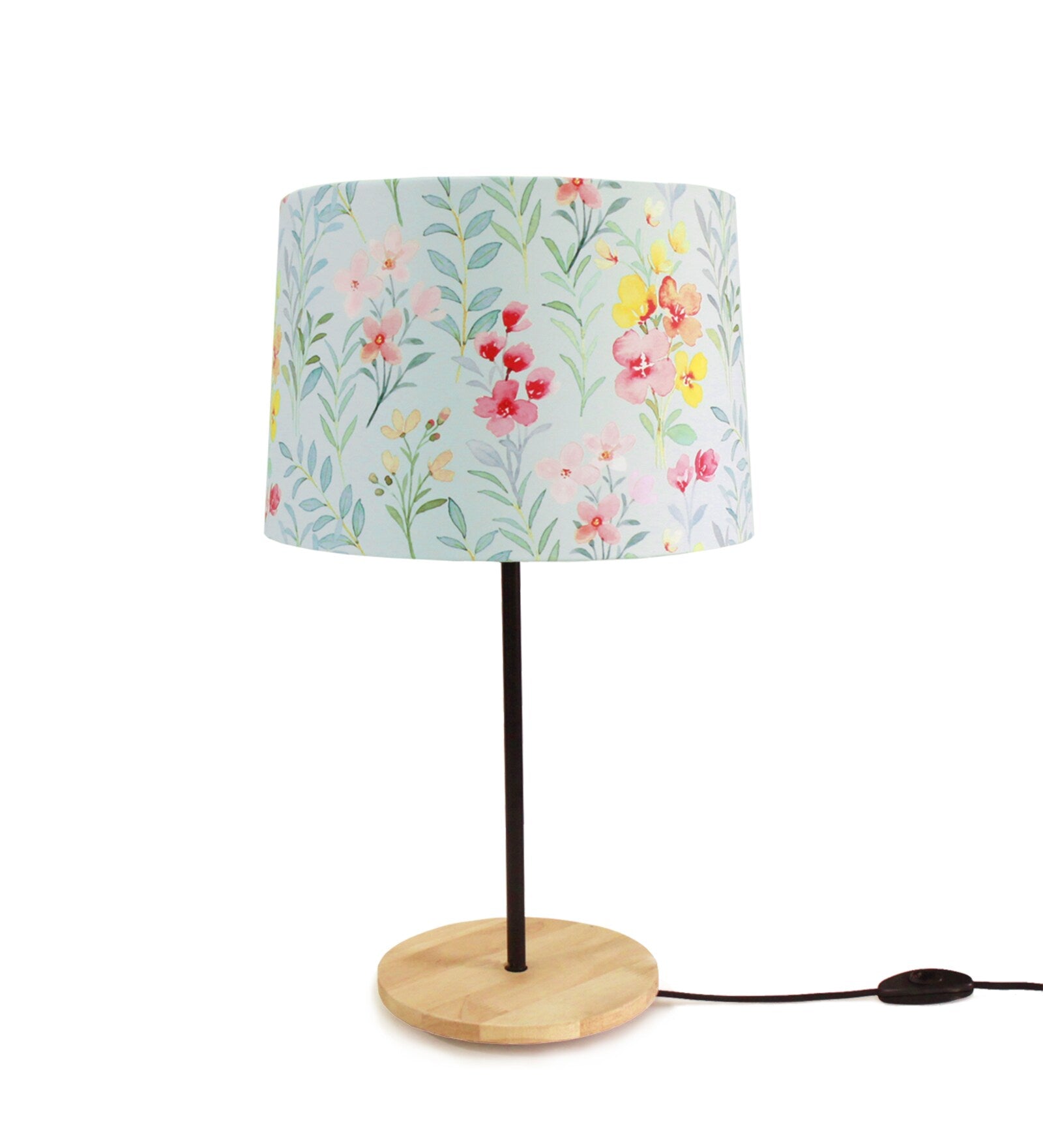 Beautiful Flower Art Drum Shaped Table Lamp with Wood Base