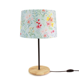 Beautiful Flower Art Drum Shaped Table Lamp with Wood Base