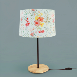 Beautiful Flower Art Drum Shaped Table Lamp with Wood Base