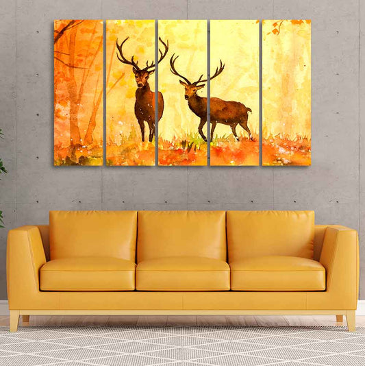 Beautiful Forest Deer Canvas Wall Painting of Five Pieces