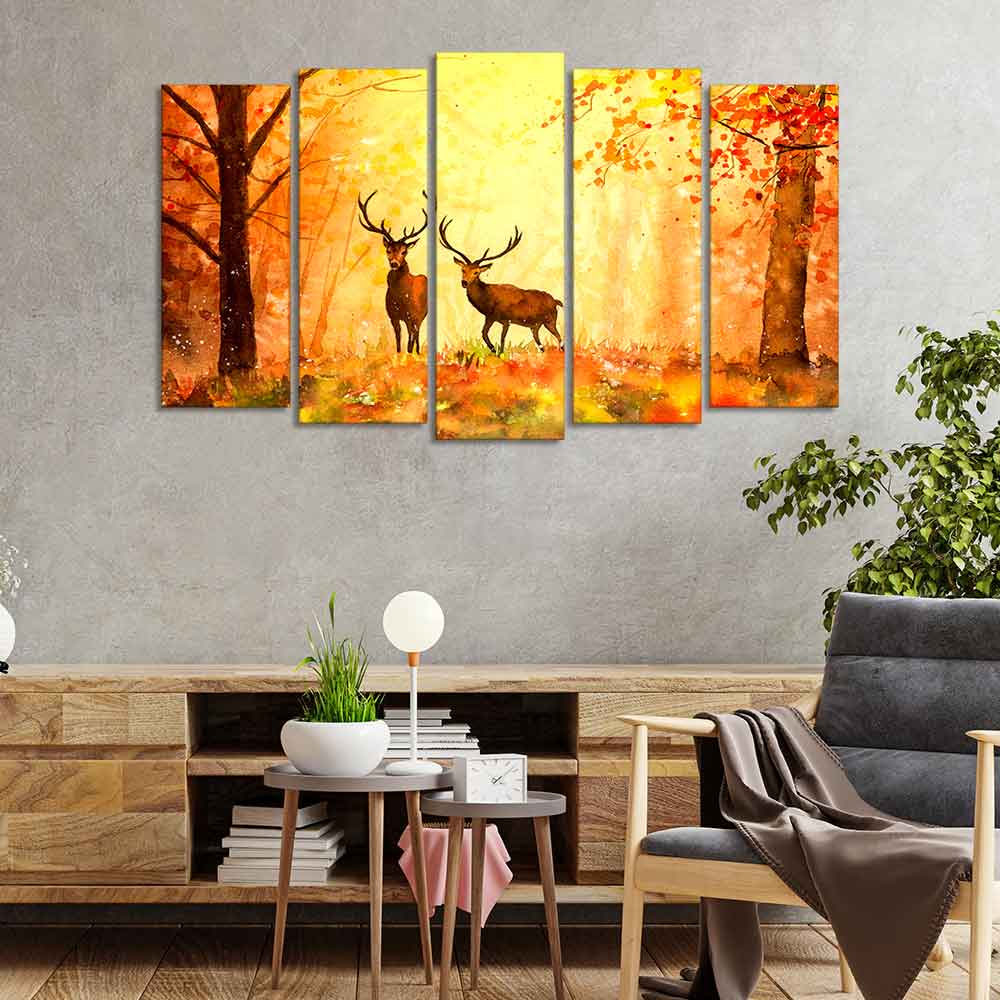 Beautiful Forest Deer Canvas Wall Painting Set of Five