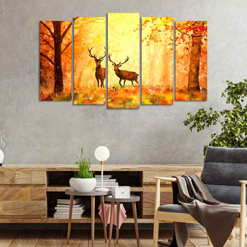 Beautiful Forest Deer Canvas Wall Painting Set of Five