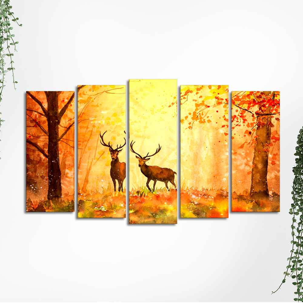 Beautiful Forest Deer Canvas Wall Painting Set of Five