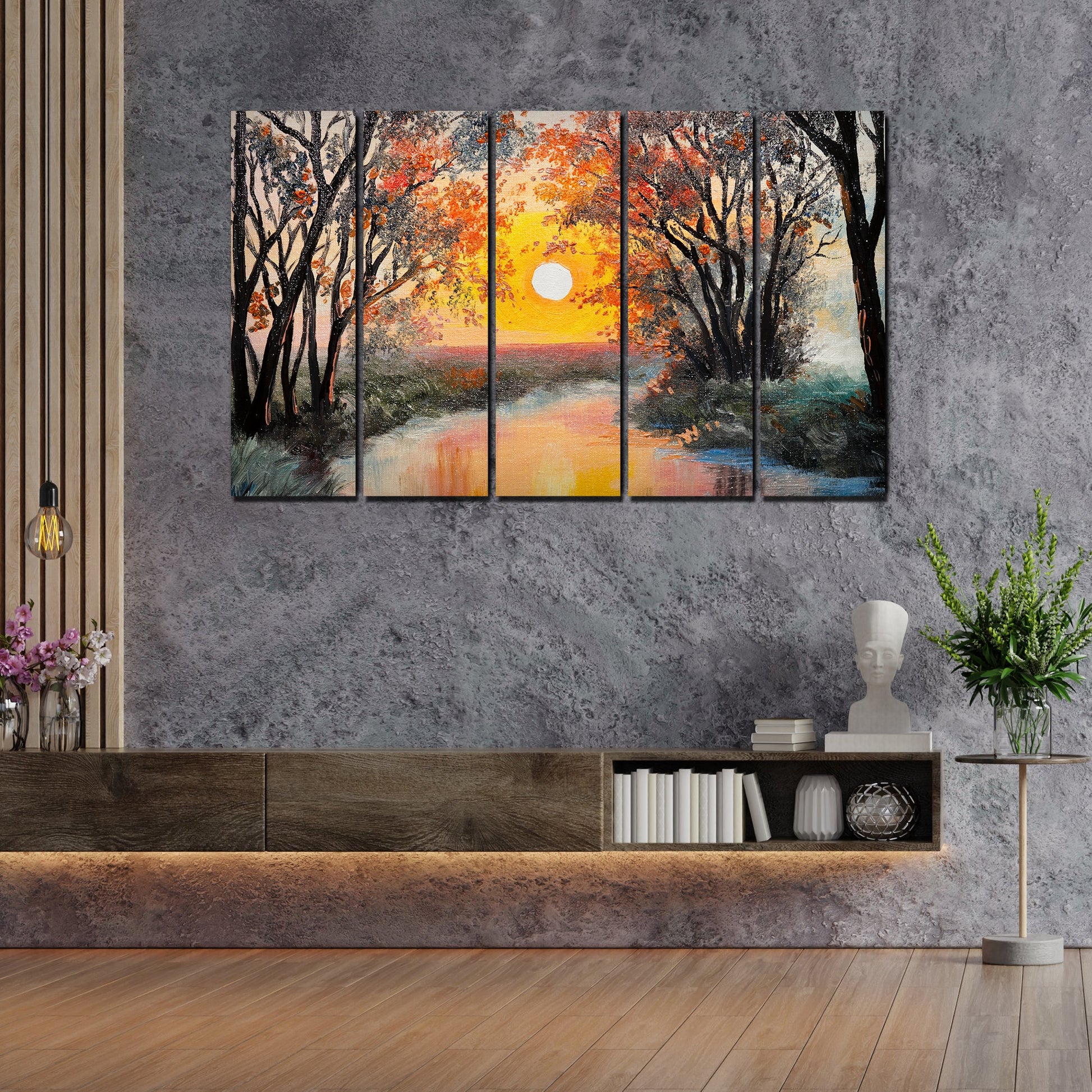 Beautiful Forest Sunset Canvas Wall Painting 5 Pieces