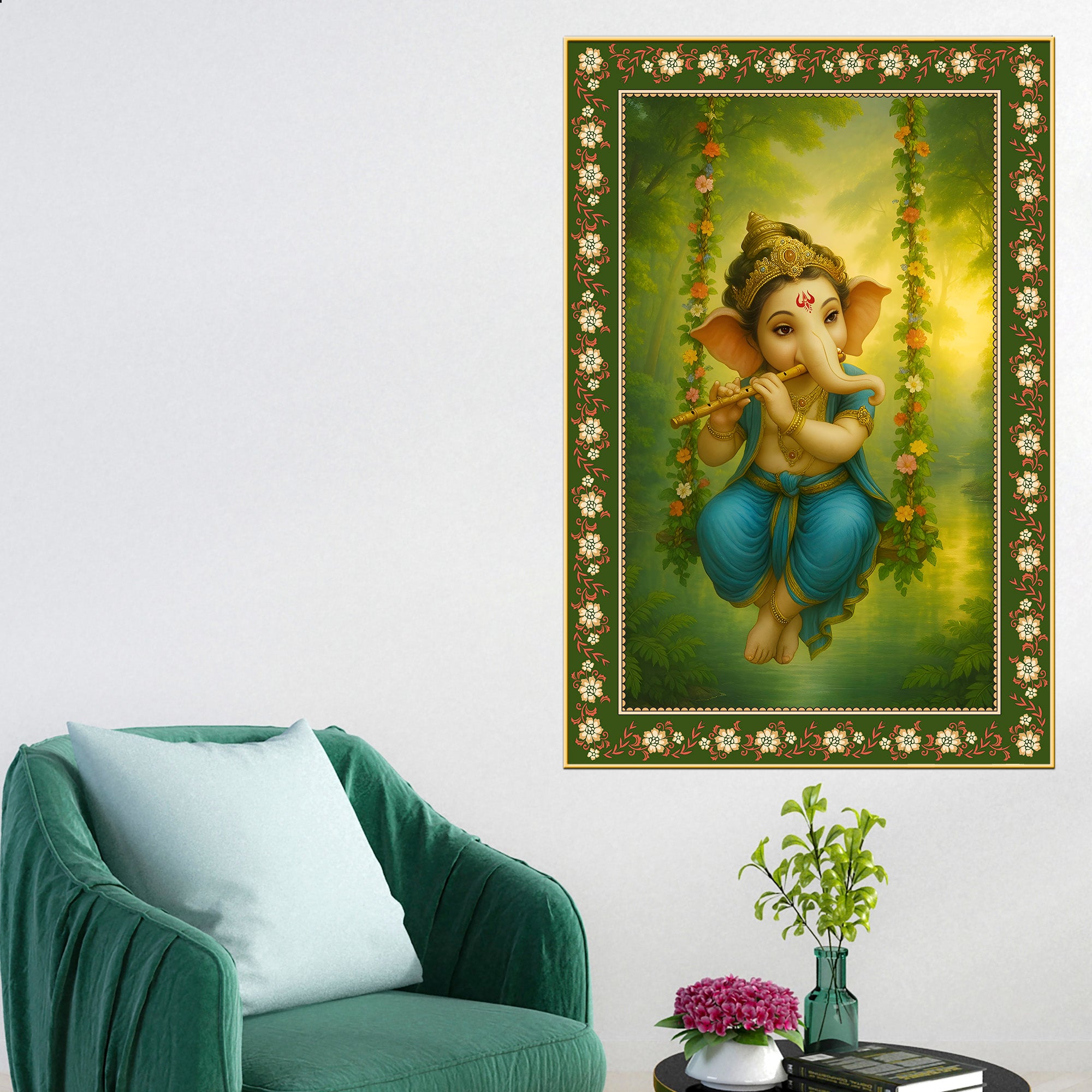 Beautiful Ganesh with Flute Floral Border Vertical Wall Painting