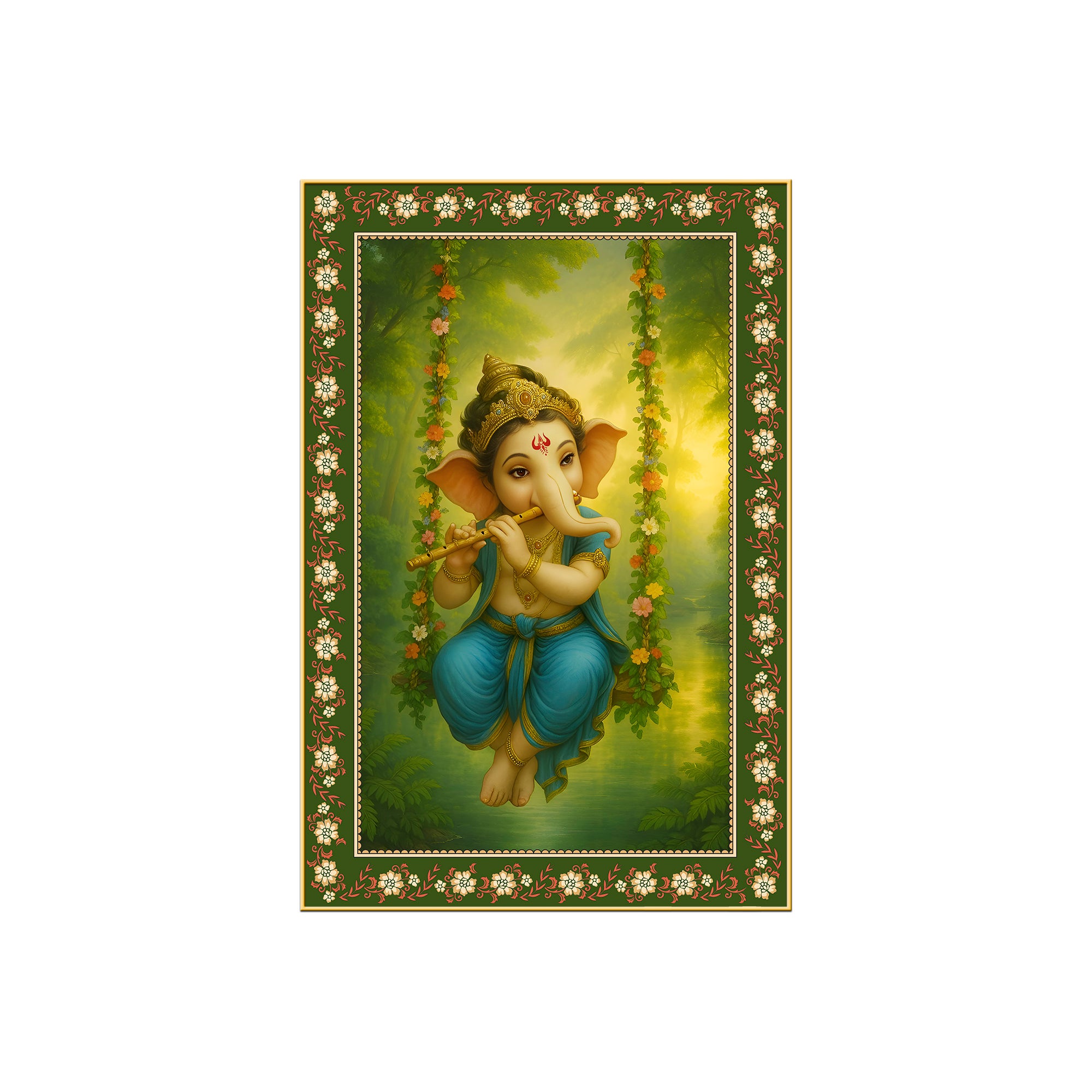 Beautiful Ganesh with Flute Floral Border Vertical Wall Painting