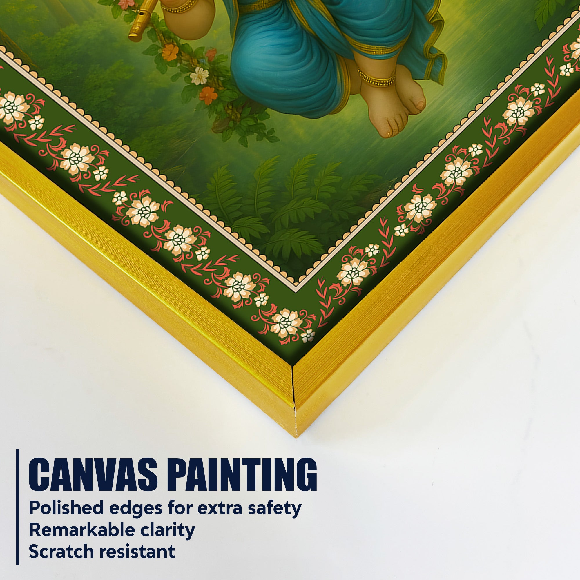 Beautiful Ganesh with Flute Floral Border Vertical Wall Painting