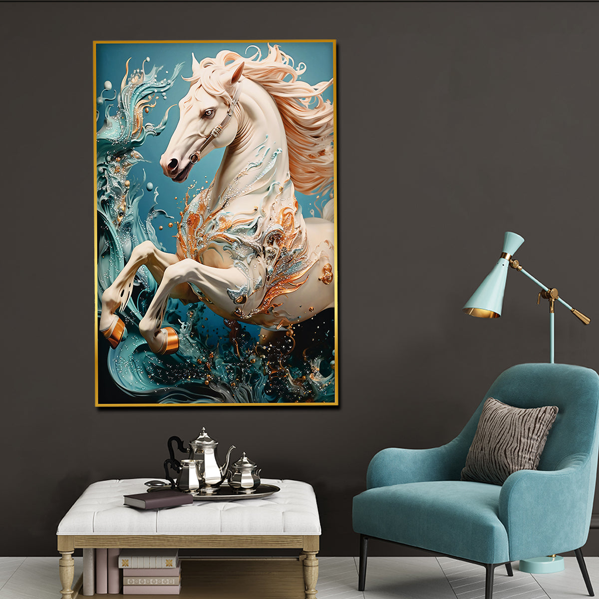 Beautiful Glacier Stallion Horse Framed Crystal Glass Painting