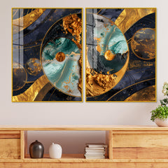 Beautiful Golden Abstract  Acrylic Art Floating Wall Painting Set of 2