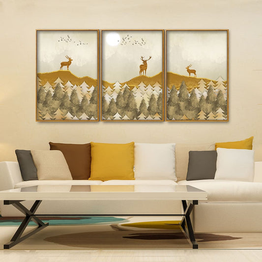 Beautiful Golden Deers Premium Floating Canvas Wall Painting Set of Three