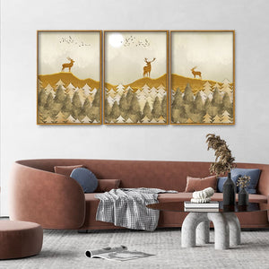 Beautiful Golden Deers Premium Floating Canvas Wall Painting Set of Three