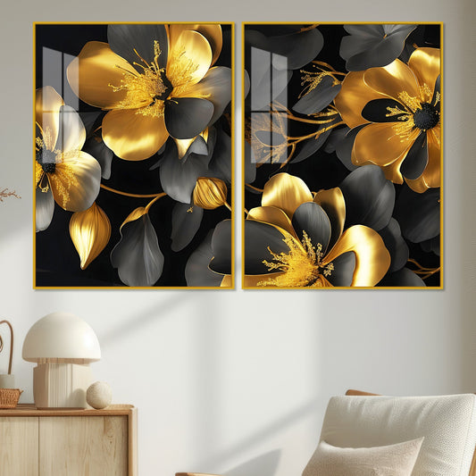 Beautiful Golden Flower Premium Acrylic Floating Wall Painting Set Of 2