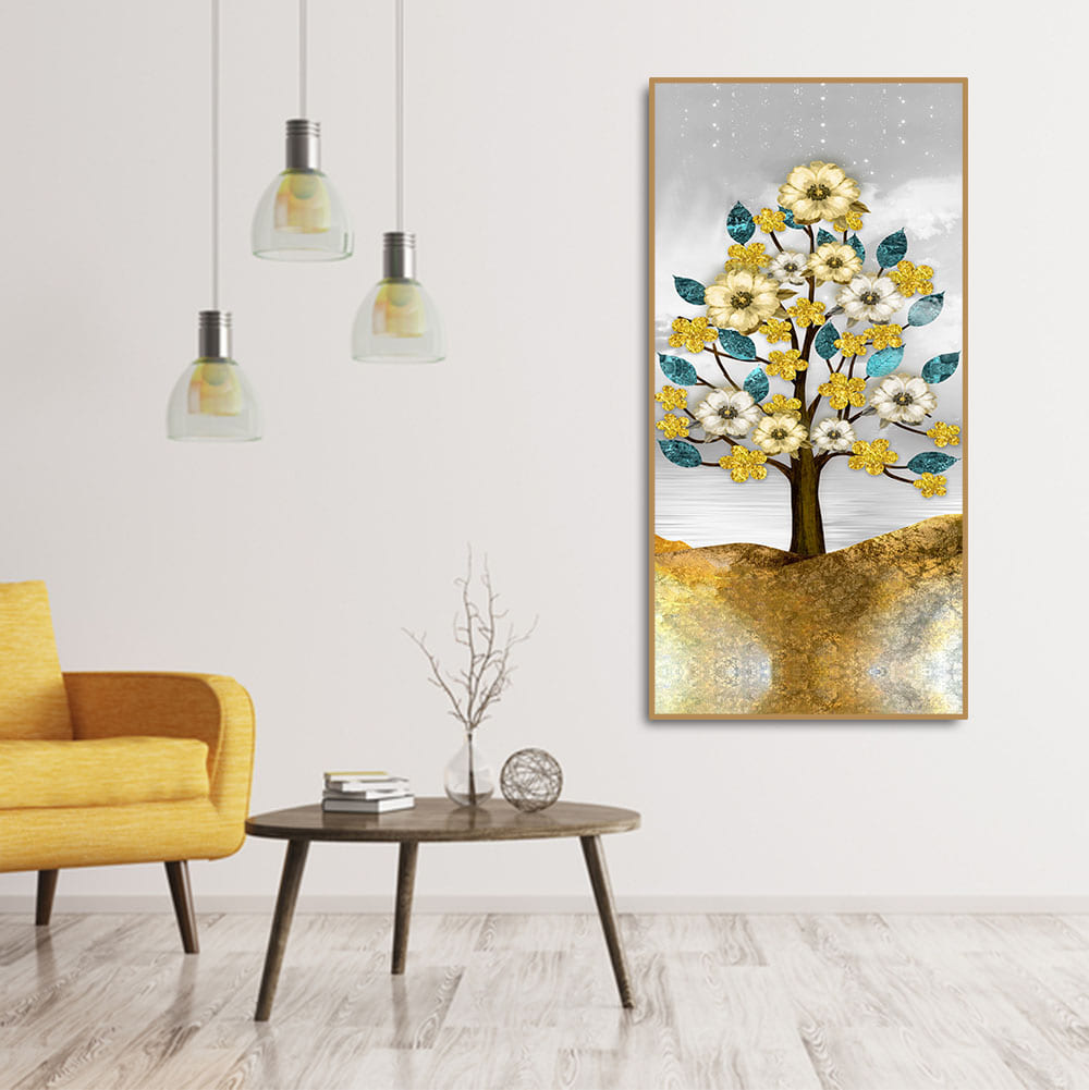 Beautiful Golden Flowers and Turquoise Mountains Canvas Wall Painting