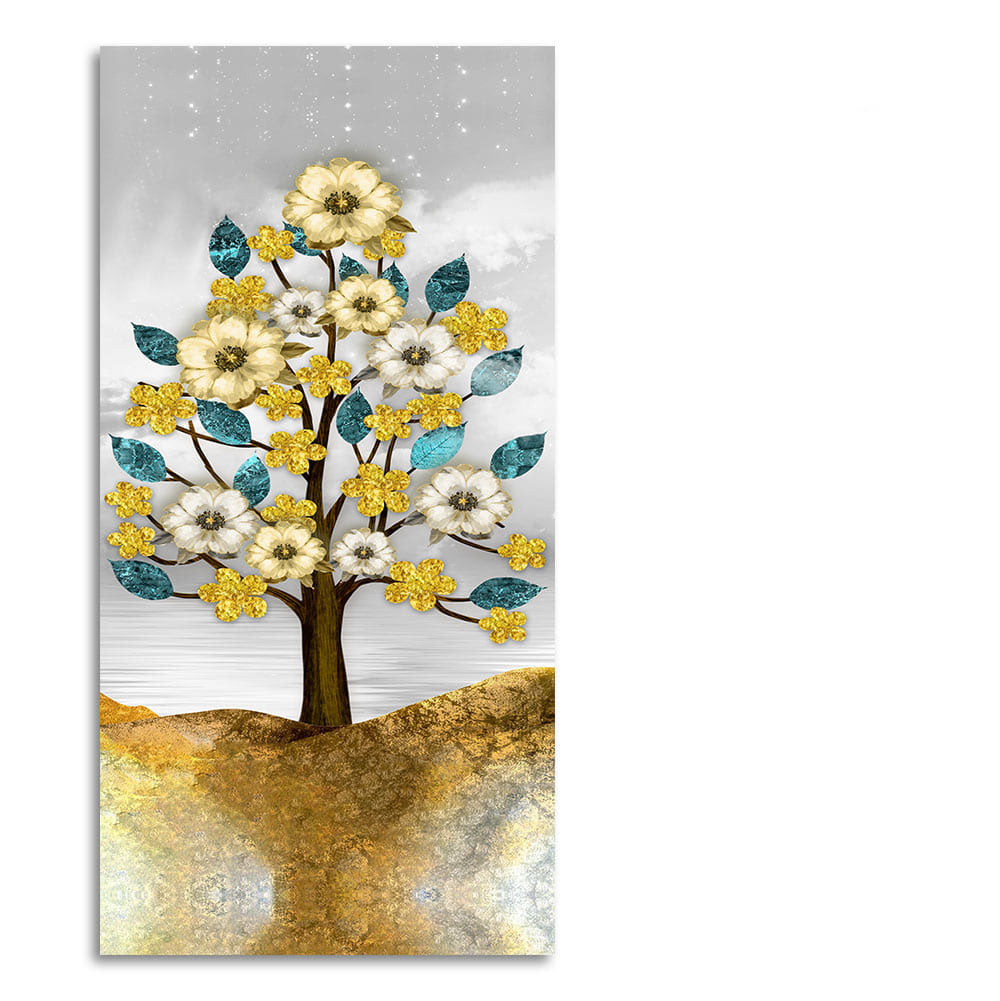 Beautiful Golden Flowers and Turquoise Mountains Canvas Wall Painting