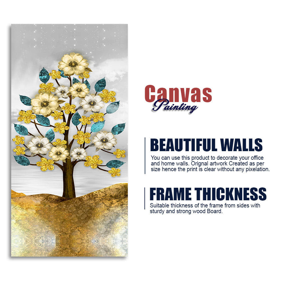 Beautiful Golden Flowers and Turquoise Mountains Canvas Wall Painting