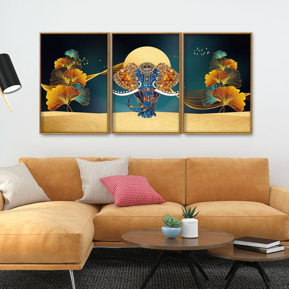 Beautiful Golden Flowers with Elephant Premium Floating Canvas Wall Painting Set of Three