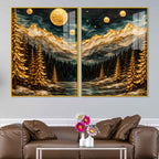 Beautiful Golden Full Moon Mountain & Forest Acrylic Floating Wall Painting Set of 2