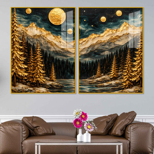 Beautiful Golden Full Moon Mountain & Forest Acrylic Floating Wall Painting Set of 2