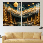 Beautiful Golden Full Moon Mountain & Forest Acrylic Floating Wall Painting Set of 2