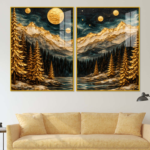 Beautiful Golden Full Moon Mountain & Forest Acrylic Floating Wall Painting Set of 2