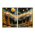 Beautiful Golden Full Moon Mountain & Forest Acrylic Floating Wall Painting Set of 2