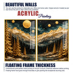 Beautiful Golden Full Moon Mountain & Forest Acrylic Floating Wall Painting Set of 2