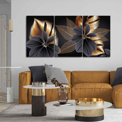 Beautiful Golden Leaf Flower Canvas Wall Painting 3 Pieces