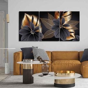 Beautiful Golden Leaf Flower Canvas Wall Painting 3 Pieces