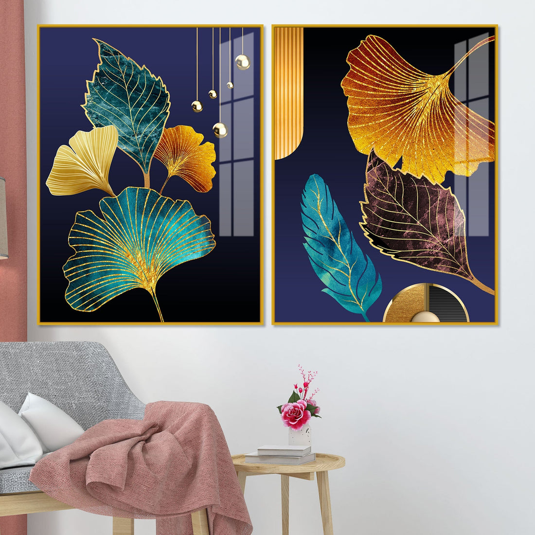 Beautiful Golden Leaves Acrylic Floating Wall Painting Set of 2