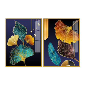 Beautiful Golden Leaves Acrylic Floating Wall Painting Set of 2