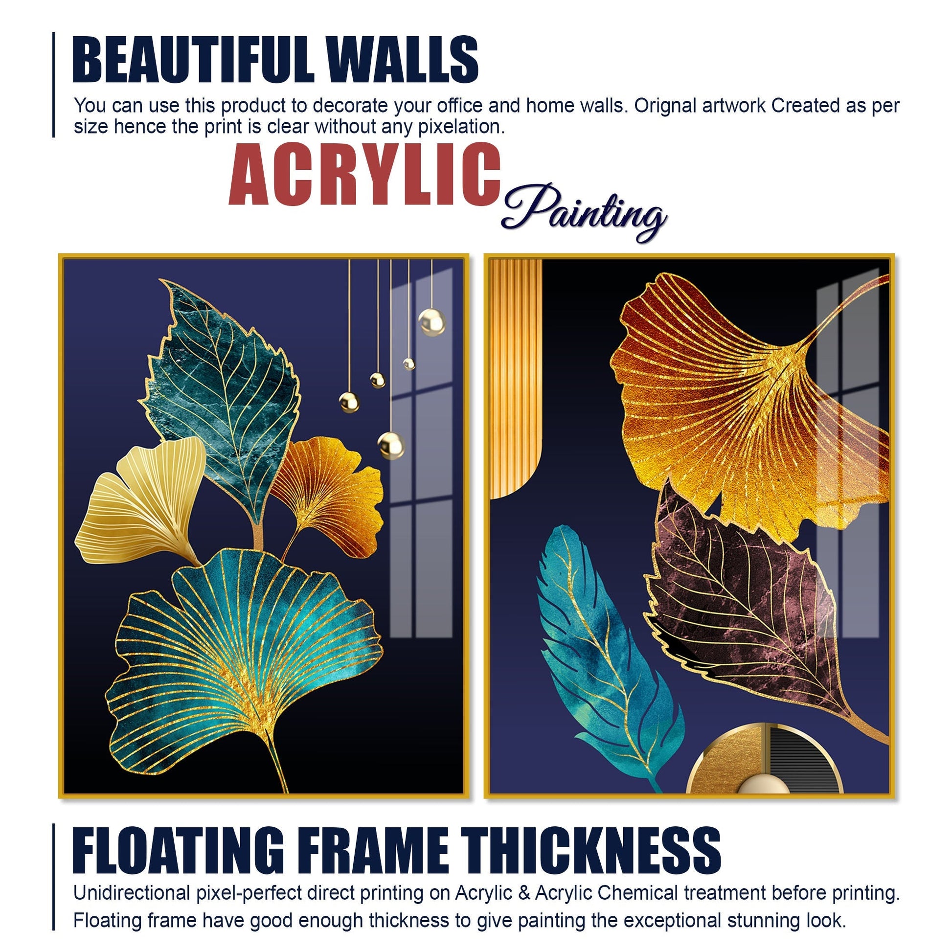 Beautiful Golden Leaves Acrylic Floating Wall Painting Set of 2