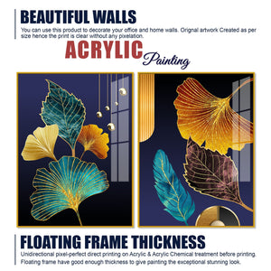 Beautiful Golden Leaves Acrylic Floating Wall Painting Set of 2