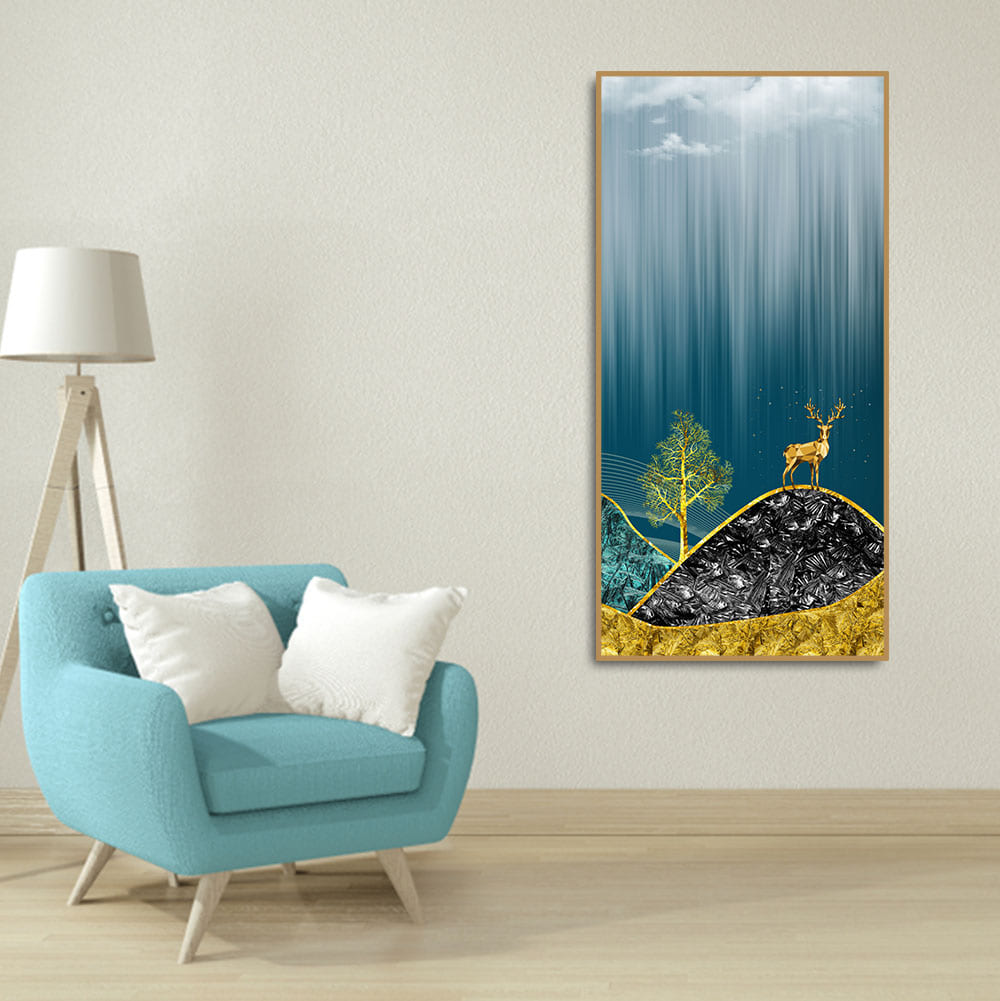 Beautiful Golden Mountains and Deer with Moon Canvas Wall Painting