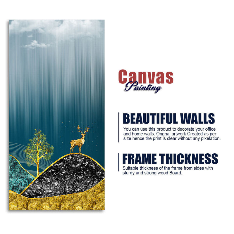 Beautiful Golden Mountains and Deer with Moon Canvas Wall Painting