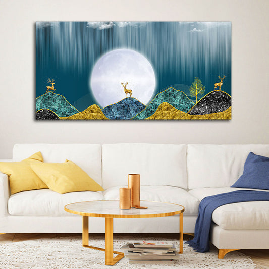 Beautiful Golden Mountains and Deer with Moon Premium Canvas Wall Painting