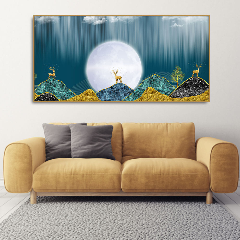 Beautiful Golden Mountains and Deer with Moon Premium Canvas Wall Painting