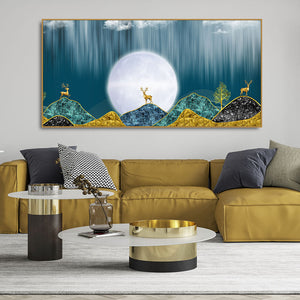 Beautiful Golden Mountains and Deer with Moon Premium Canvas Wall Painting