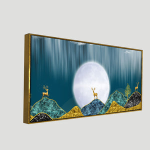 Beautiful Golden Mountains and Deer with Moon Premium Canvas Wall Painting