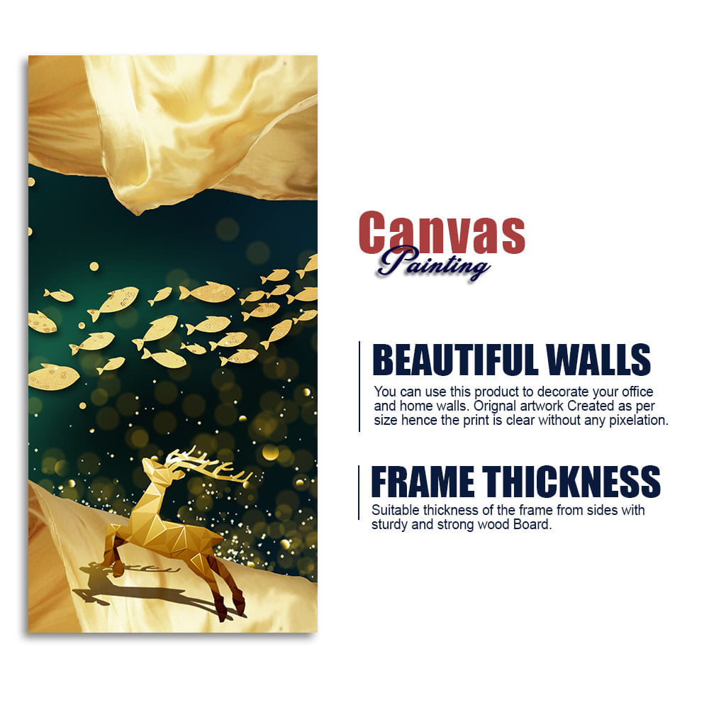 Beautiful Golden Running Deer with Fish Premium Canvas Wall Painting