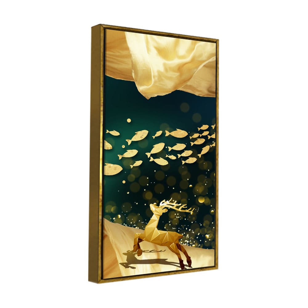 Beautiful Golden Running Deer with Fish Premium Canvas Wall Painting