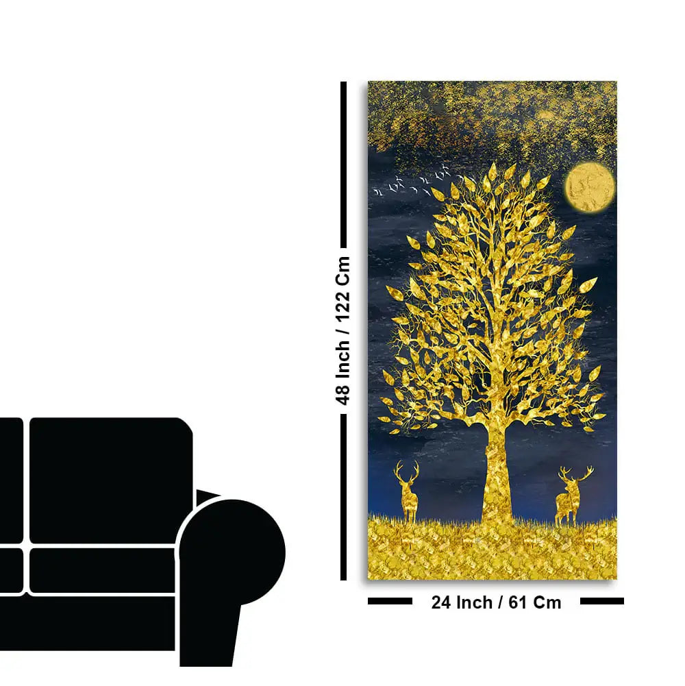 Beautiful Golden Tree and Moon with Deers Premium Canvas Wall Painting