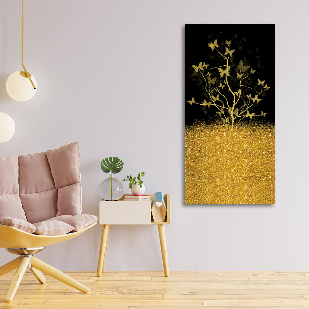 Beautiful Golden Tree Butterfly Premium Canvas Wall Painting