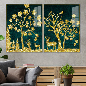 Beautiful Golden Trees with Deer Premium Acrylic Floating Wall Painting Set Of 2