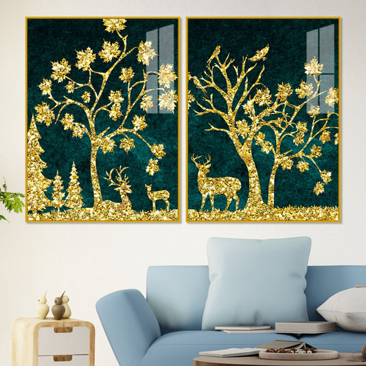 Beautiful Golden Trees with Deer Premium Acrylic Floating Wall Painting Set Of 2