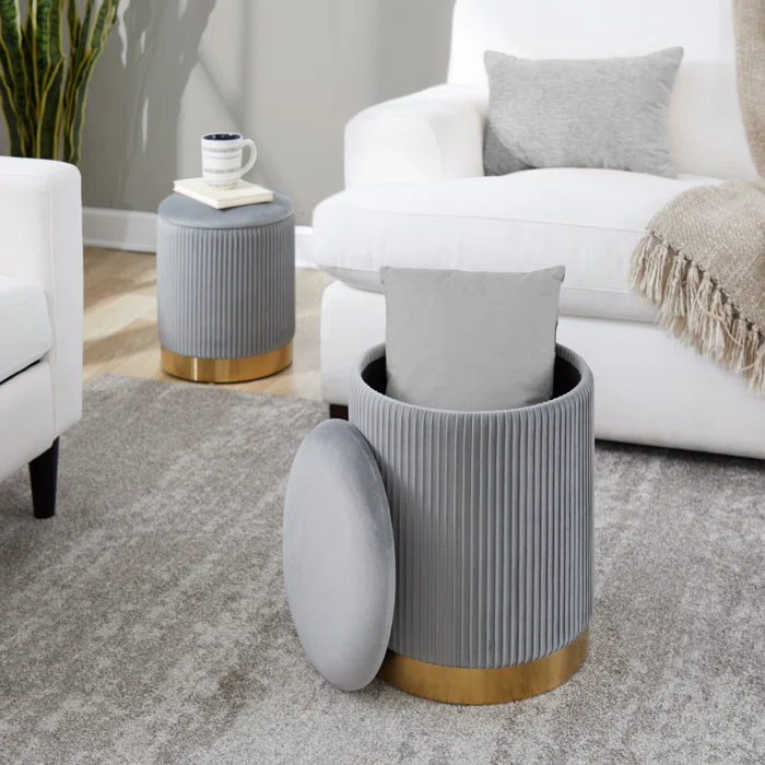 Beautiful Grey Color Velvet Round Storage Ottoman with Storage Set of 2