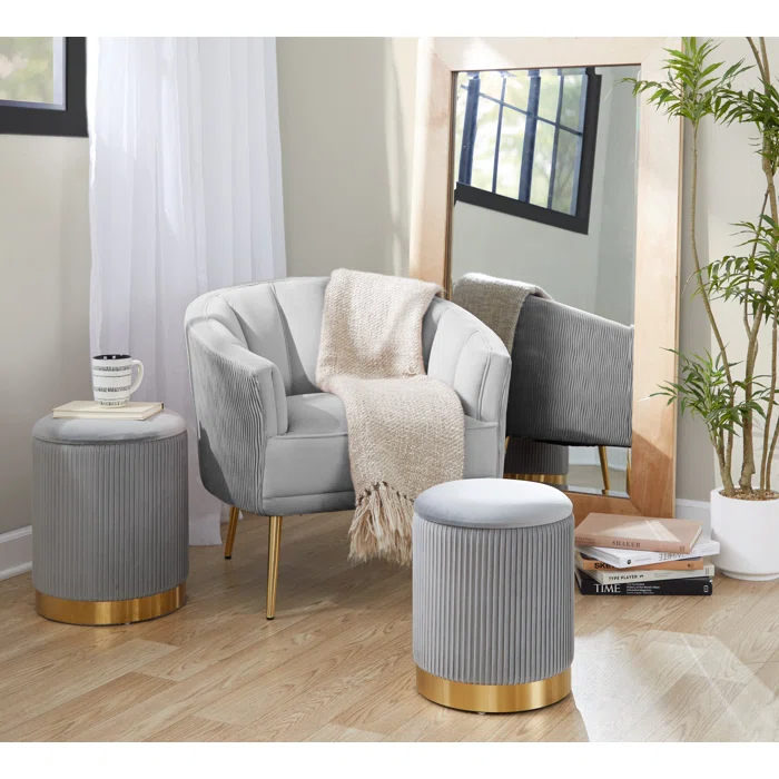 Beautiful Grey Color Velvet Round Storage Ottoman with Storage Set of 2