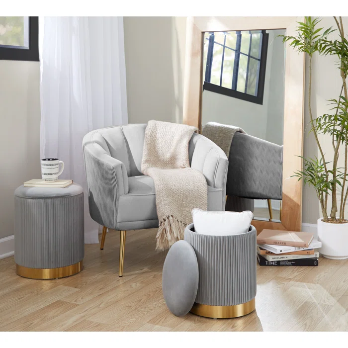 Beautiful Grey Color Velvet Round Storage Ottoman with Storage Set of 2