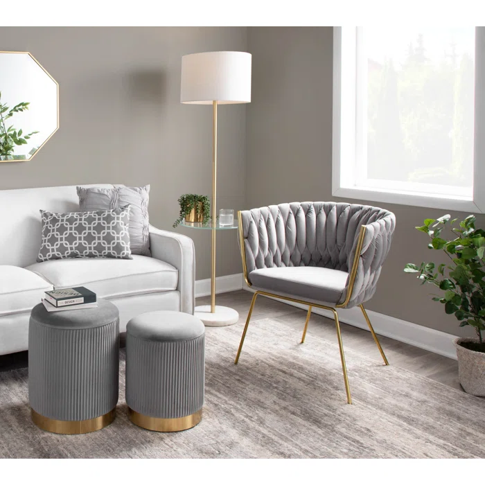 Beautiful Grey Color Velvet Round Storage Ottoman with Storage Set of 2