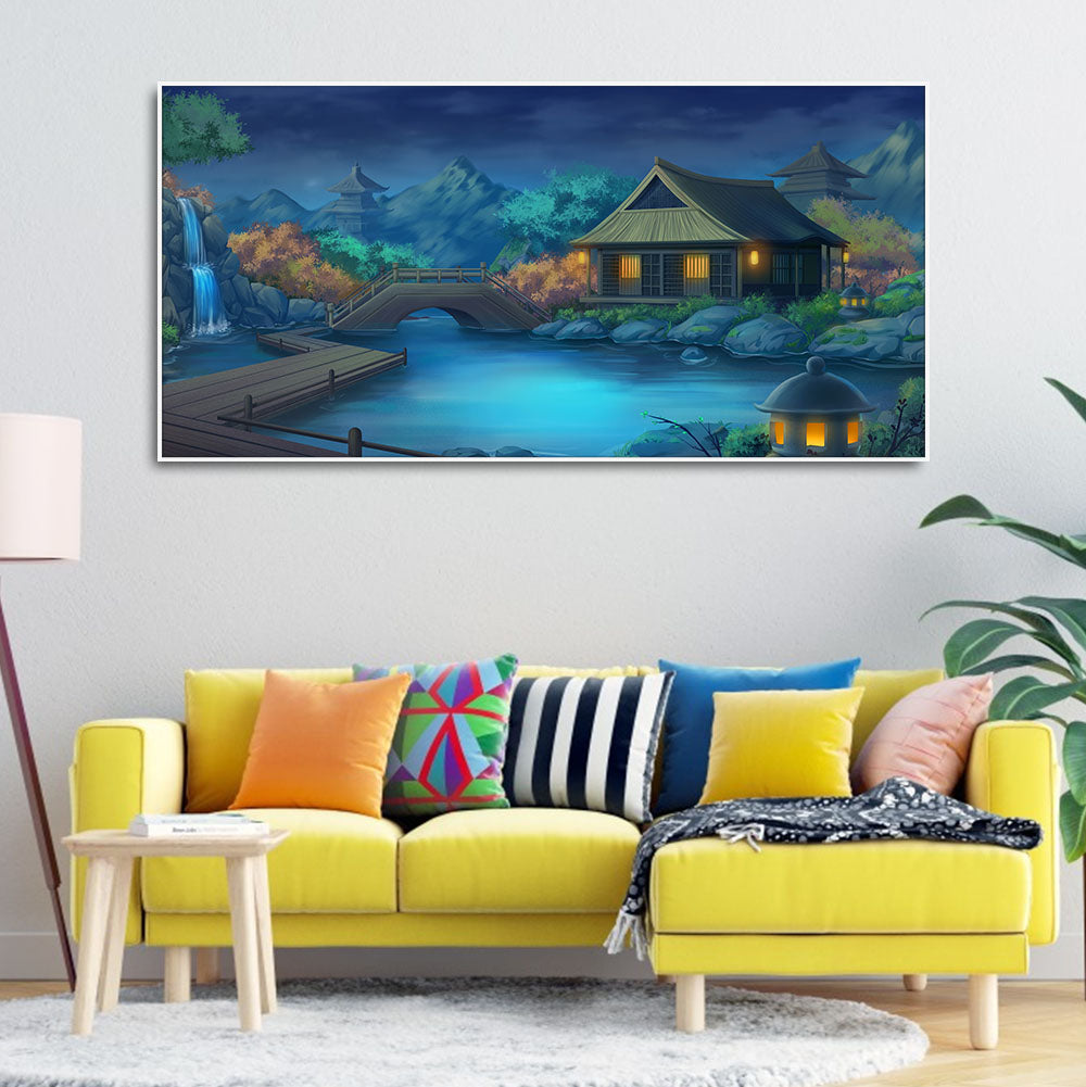 Beautiful Japanese Courtyard at Night Canvas Wall Painting