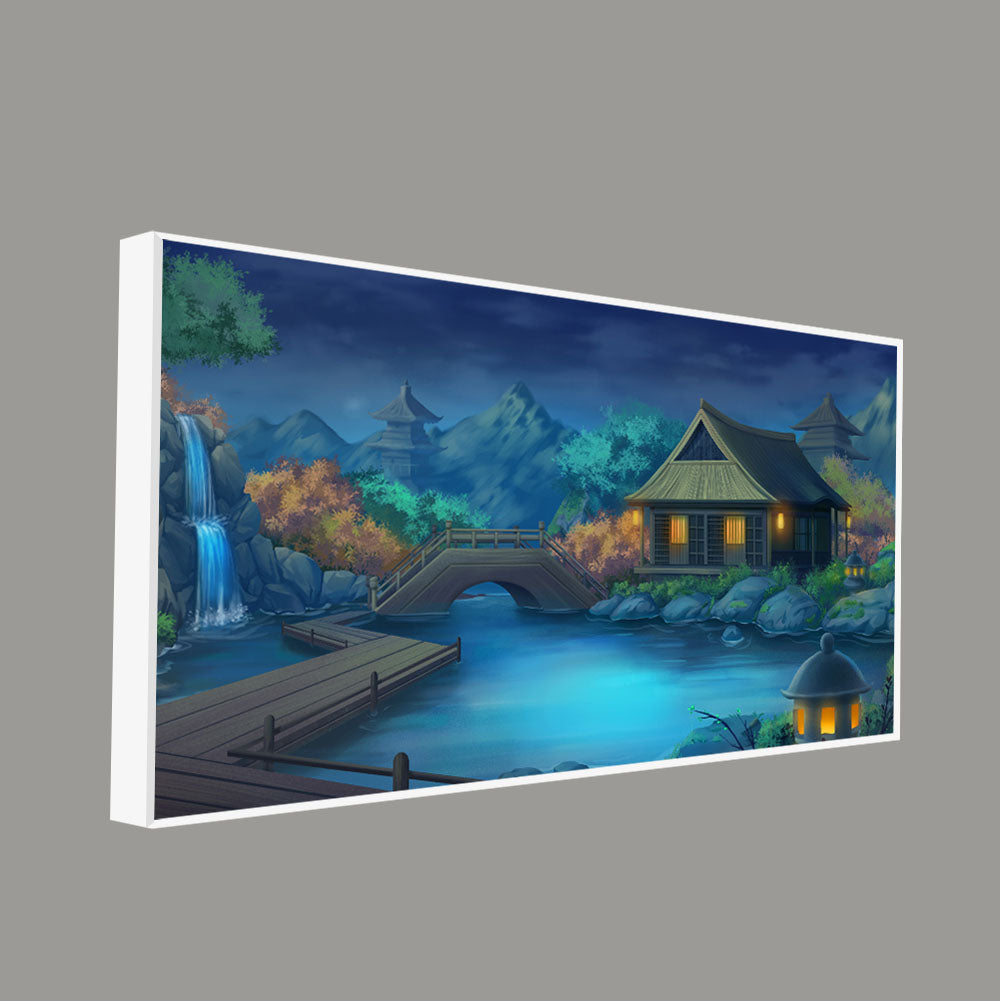 Beautiful Japanese Courtyard at Night Canvas Wall Painting